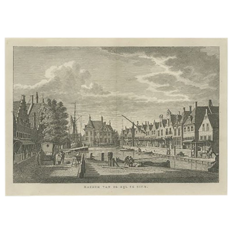 Stampa antica di Makkum, antico villaggio frisone nei Paesi Bassi, 1790 circa
