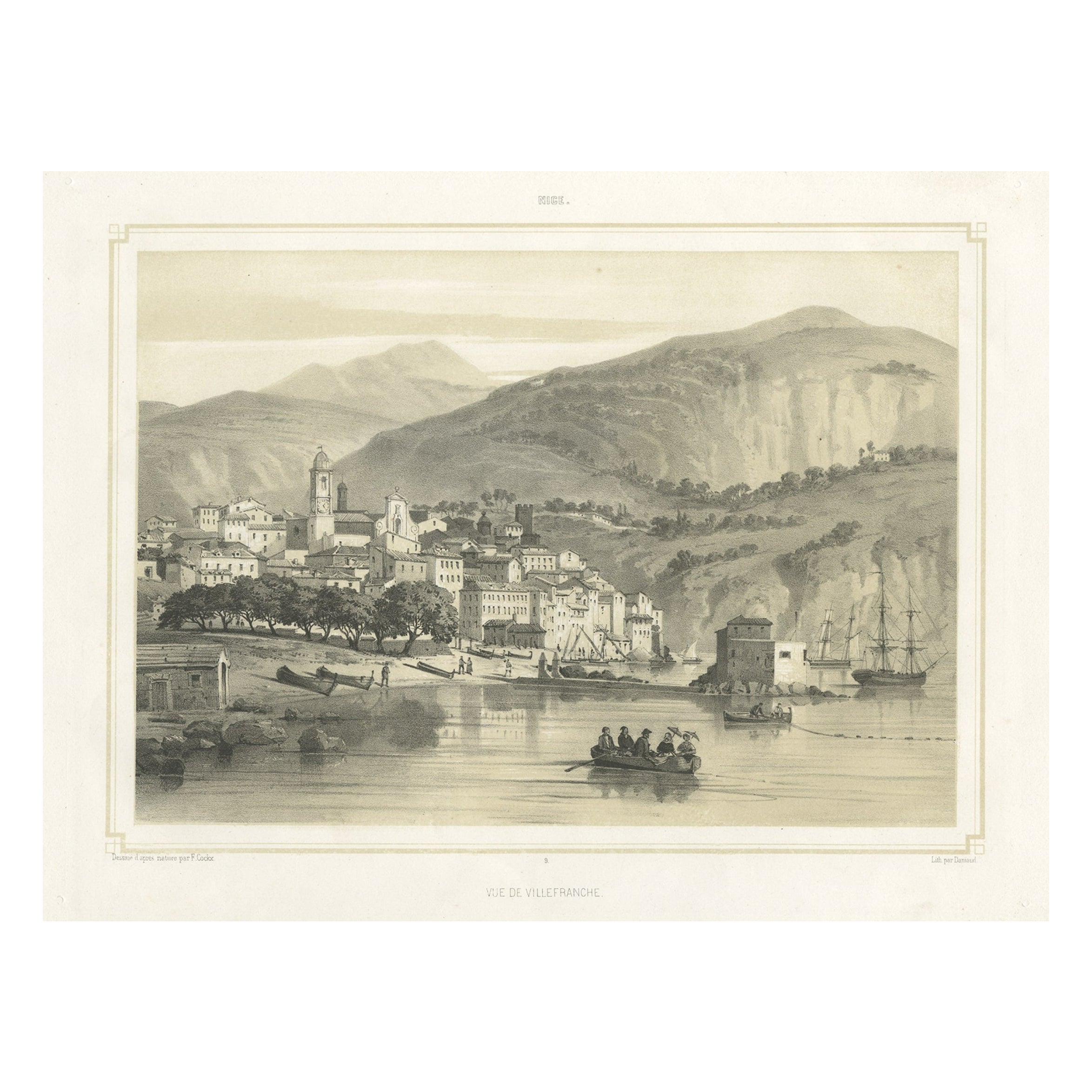 Antique Print of the City of Villefranche in Southern France, 1855 For Sale