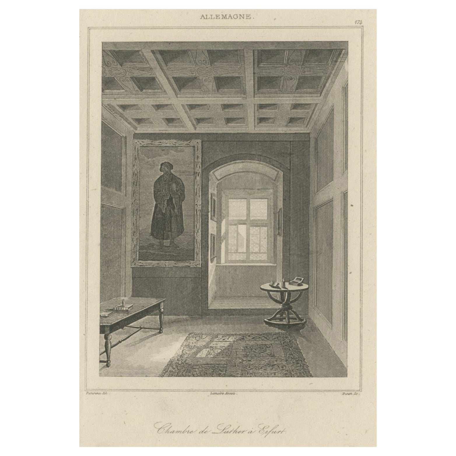 Antiker Druck des Monastery-Raums von Martin Luther in Deutschland, 1838