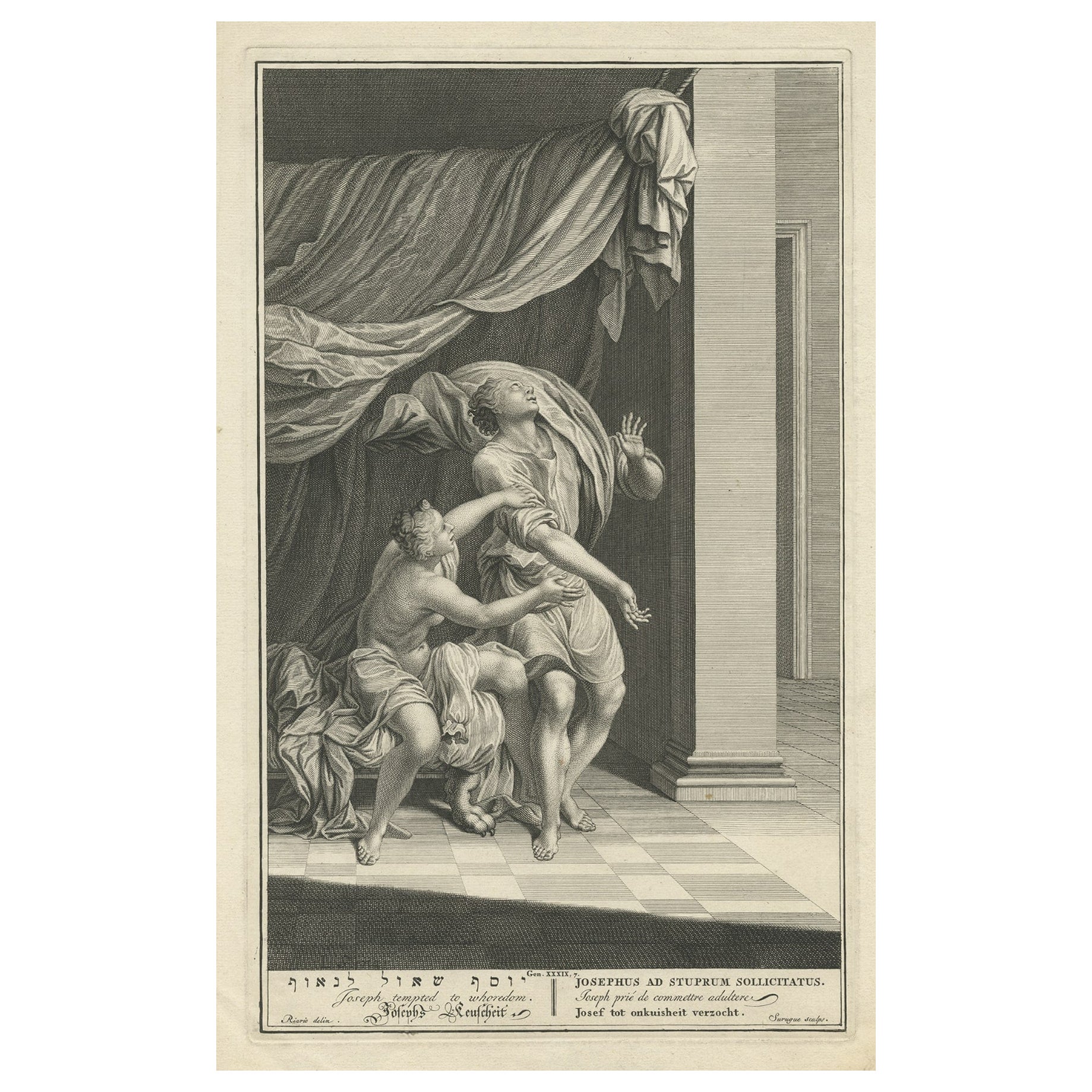 Old Original Engraving of Joseph Tempted to Whoredom, 1728 For Sale