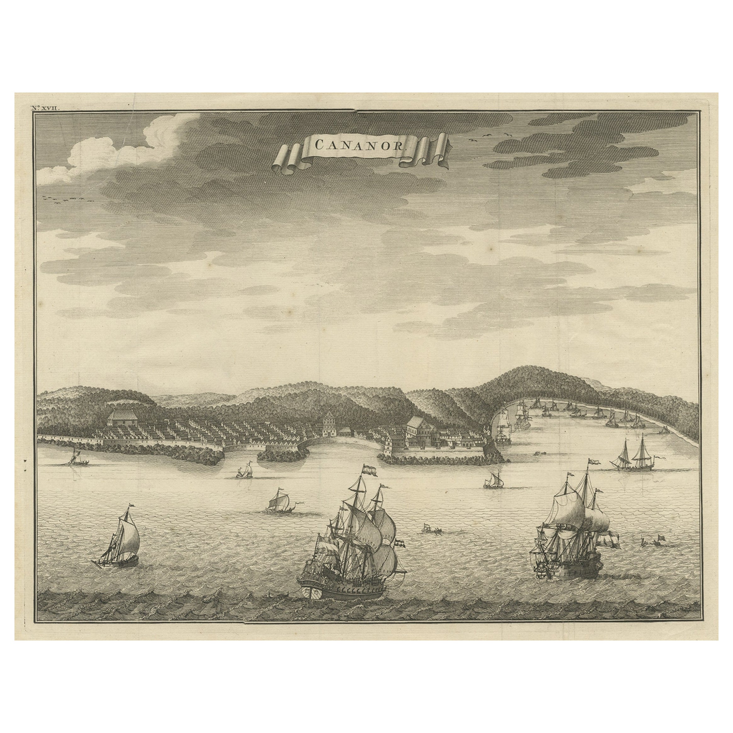 Antique Print of Kannur or Cananore with Ships, in Kerala, India, 1726 For Sale