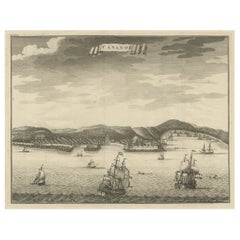 Antique Print of Kannur or Cananore with Ships, in Kerala, India, 1726