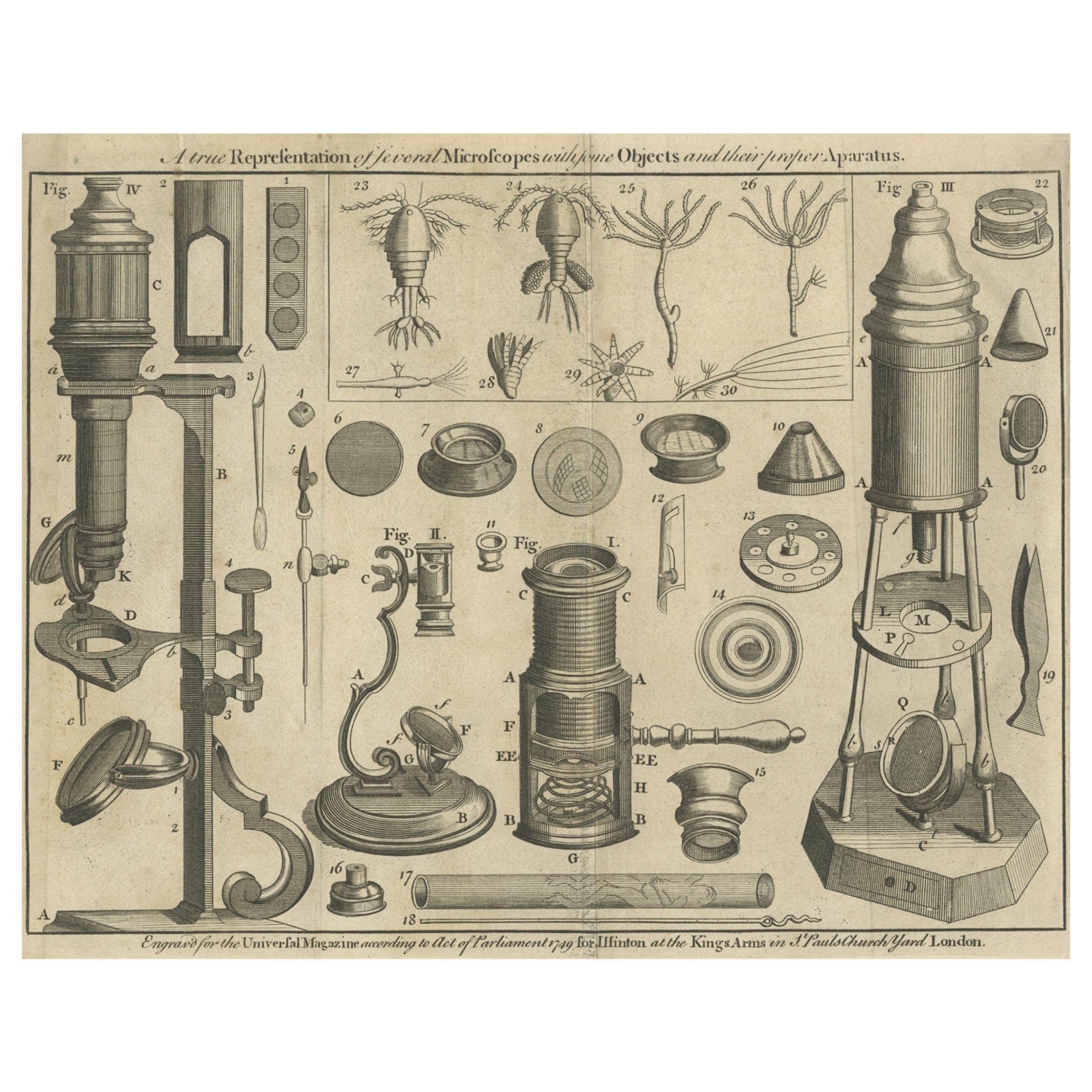 Seltene antike Gravur von Mikroskopen, 1749