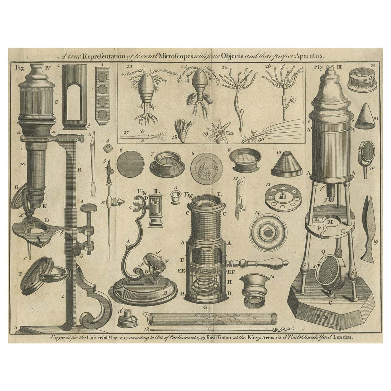 Rare Antique Engraving of Microscopes, 1749 For Sale at 1stDibs