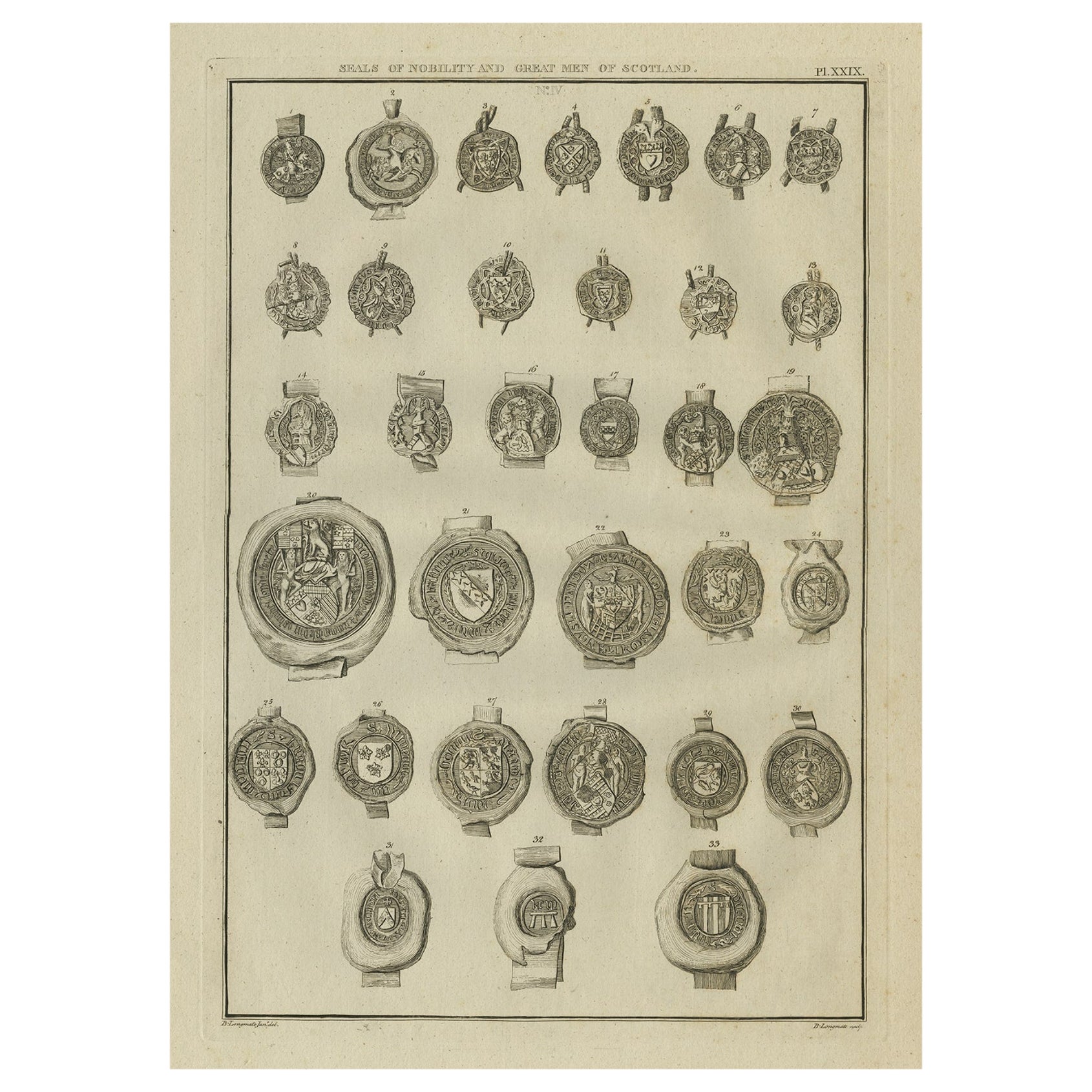 Stampa antica di sigilli di nobili e uomini importanti della Scozia, 1792 in vendita