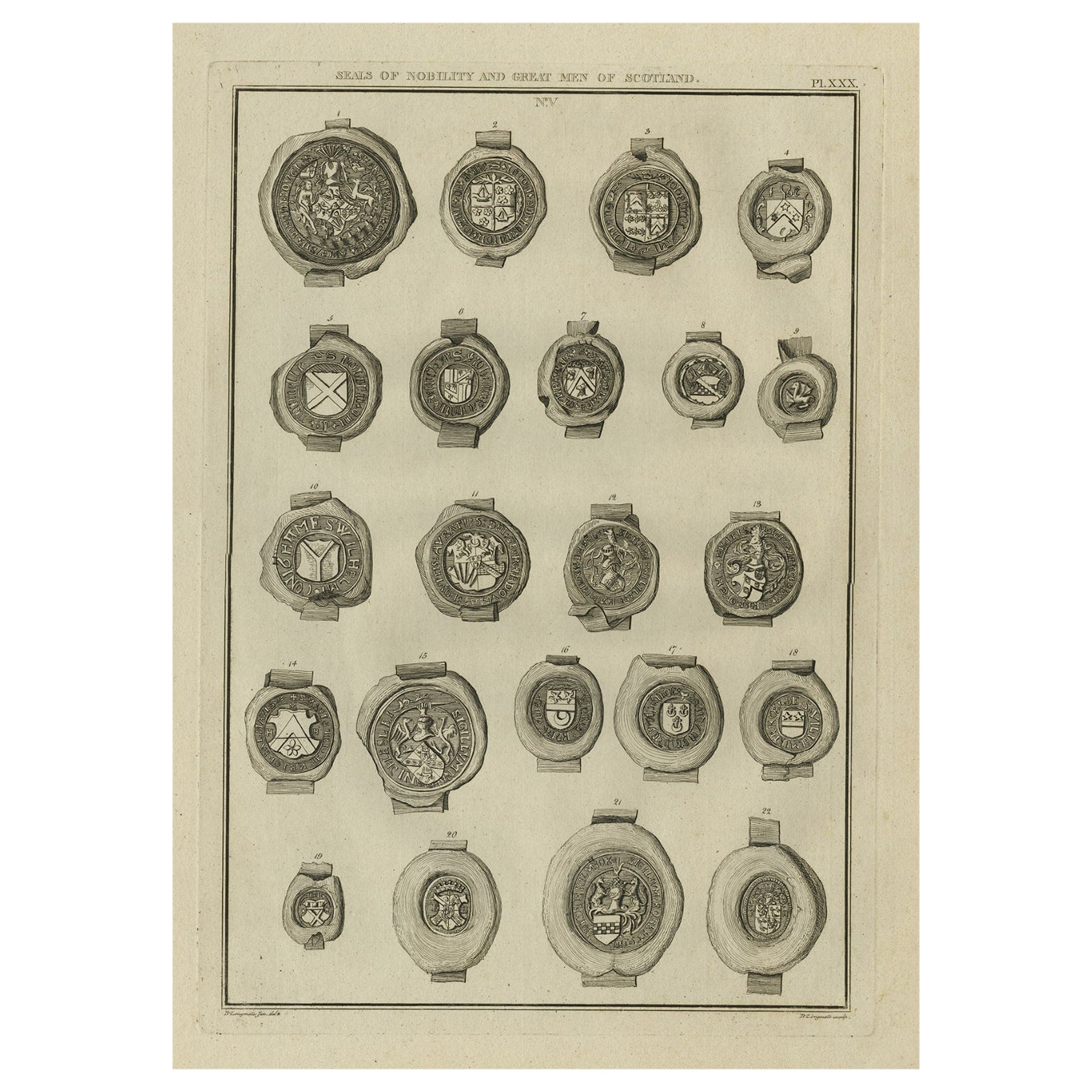 Impression ancienne de sceaux de la noblesse et d'importants hommes d'Écosse, 1792