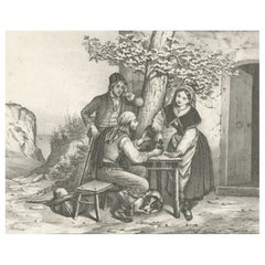 German Antique Print of People Having a Farewell or Goodbye Drink, C.1880