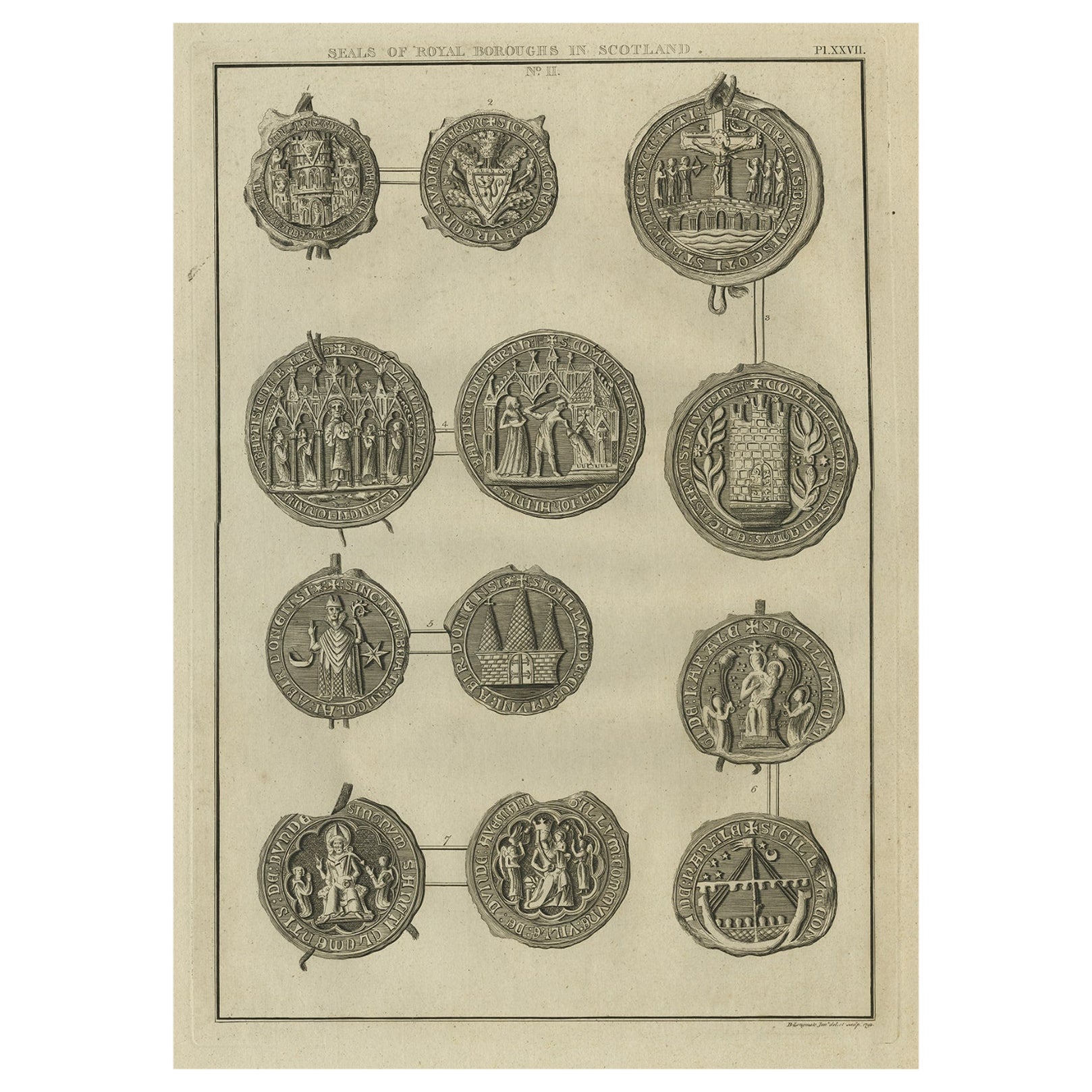 Rare estampe ancienne de sceaux de Royal Boroughs en Écosse, 1792 en vente