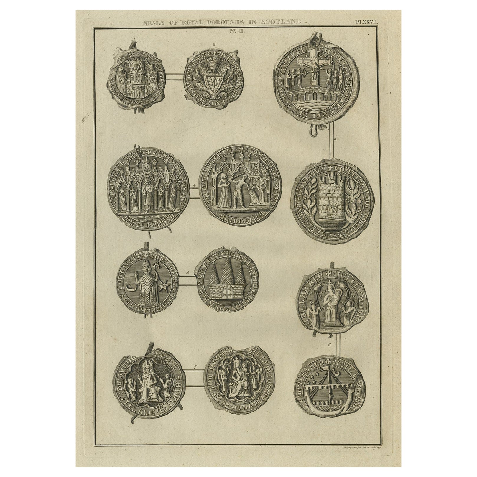 Rara stampa antica dei sigilli dei borghi reali della Scozia, 1792
