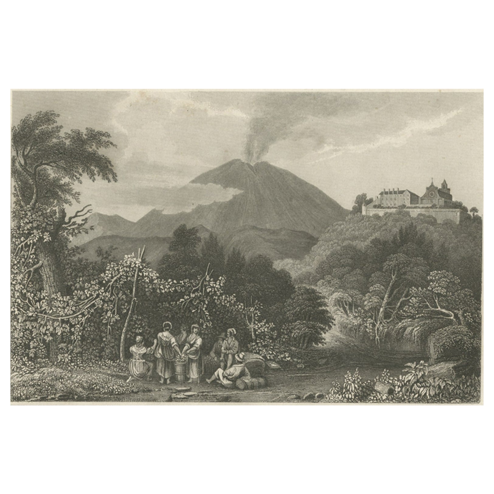 Antique Print of Monastery St Angelo Near Naples in Italy, 1837