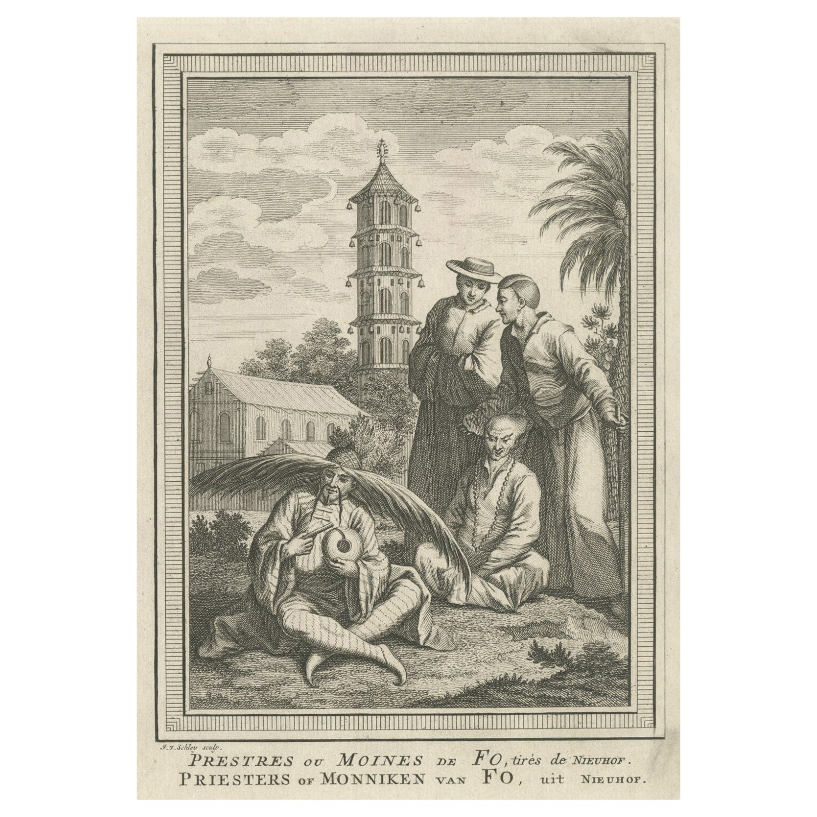 Stampa antica di Monaci di Fo in Cina 1749
