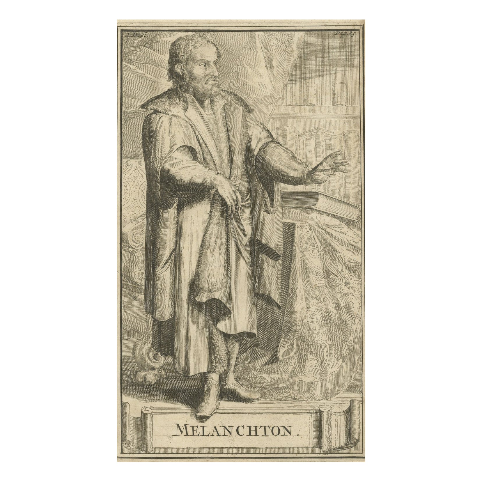 Grabado antiguo del reformador Philipp Melanchthon, colaborador de Martin Luther, 1701