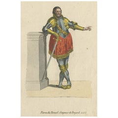 Grabado antiguo de un caballero francés llamado Pierre Terrail, 1805