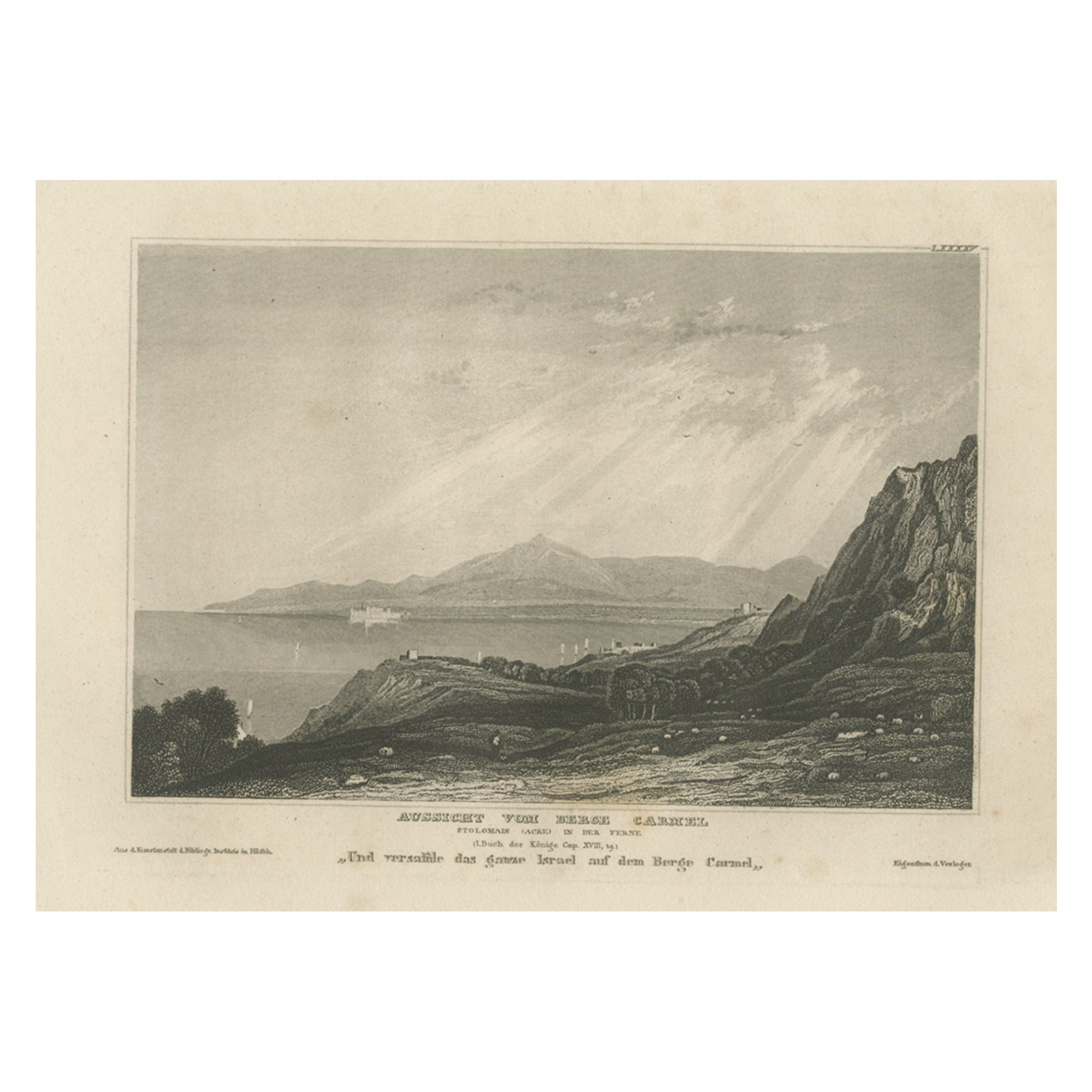 Antique Print of Mount Carmel, a Coastal Mountain Range in Northern Israel, 1837 For Sale