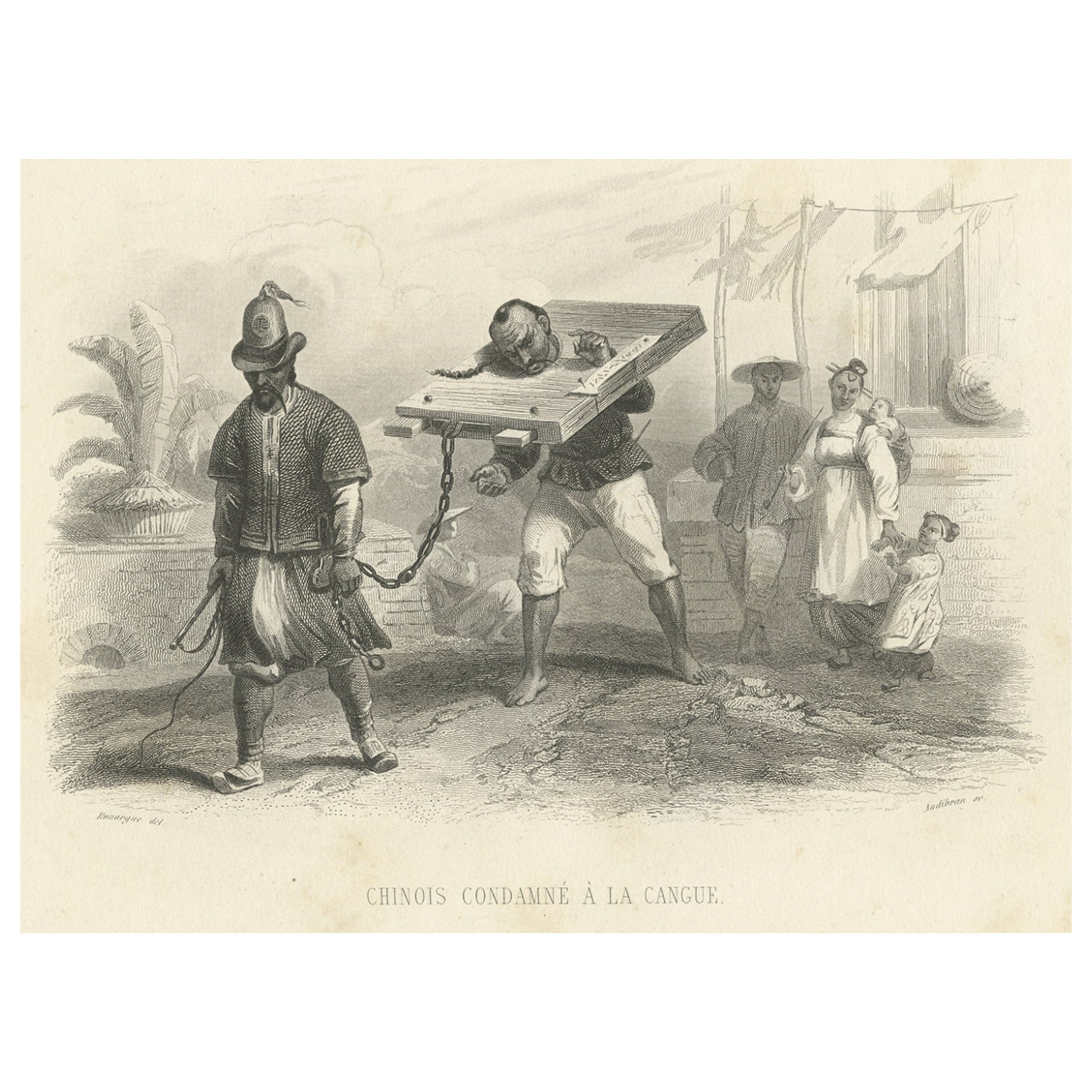Antique Print of Punishment with a Cangue in China, c.1860 For Sale