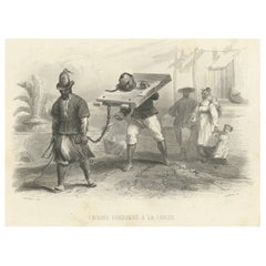 Impression ancienne de punishment avec une cangue en Chine, vers 1860
