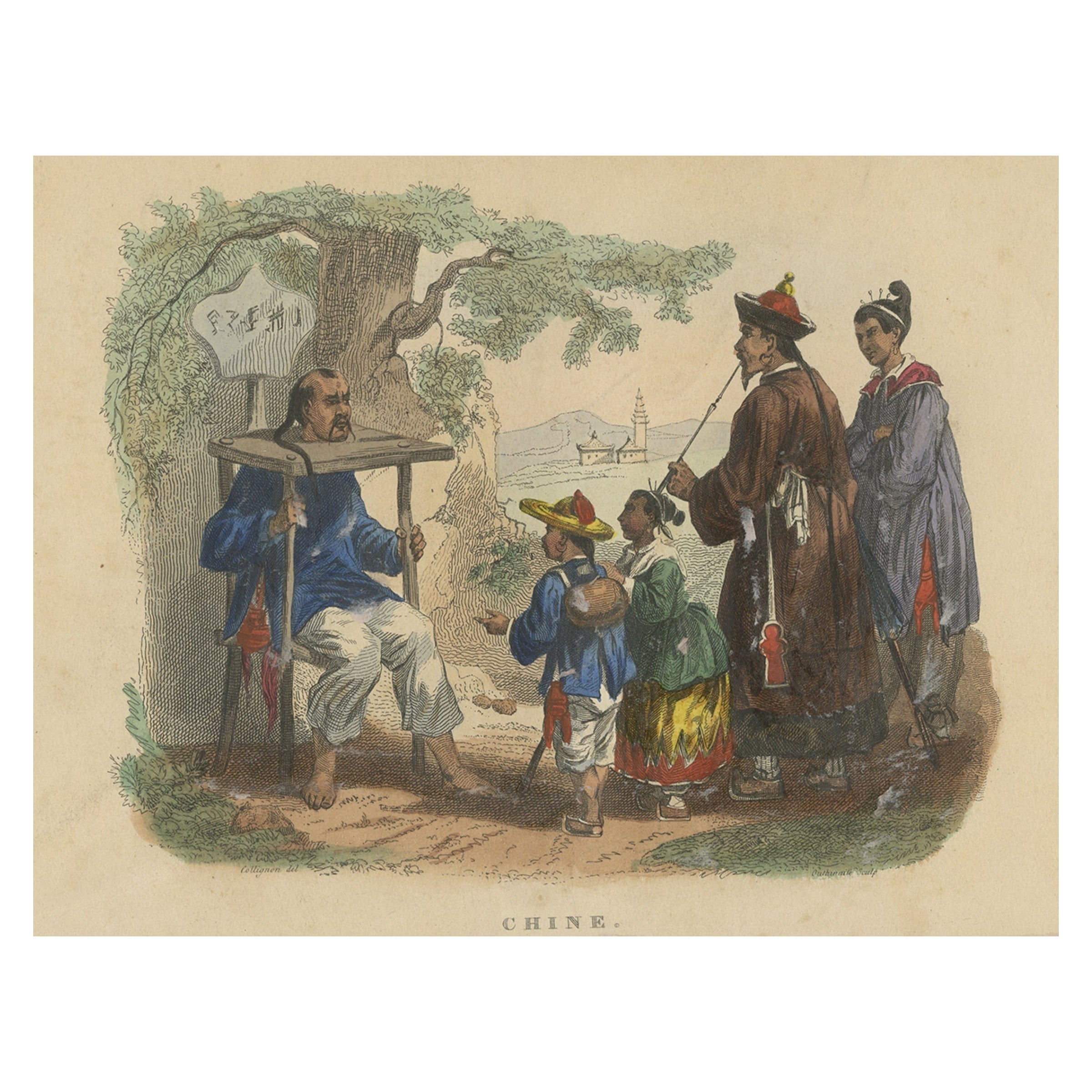 Antique Handcolored Print of Punishment with a Cangue in China, 1844 For Sale