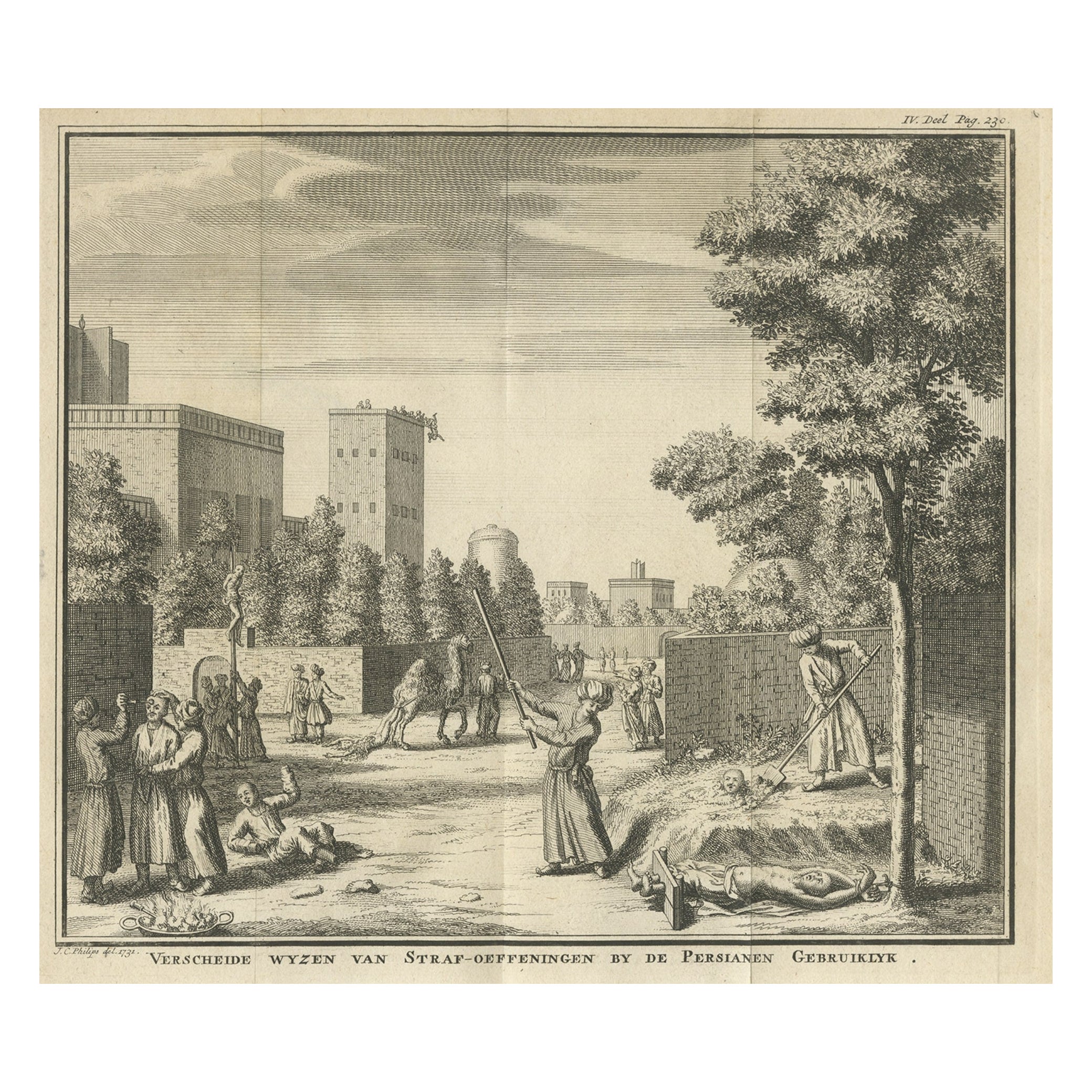Gravure de punishments des Perses, montrant des variations de la torture, 1732 en vente