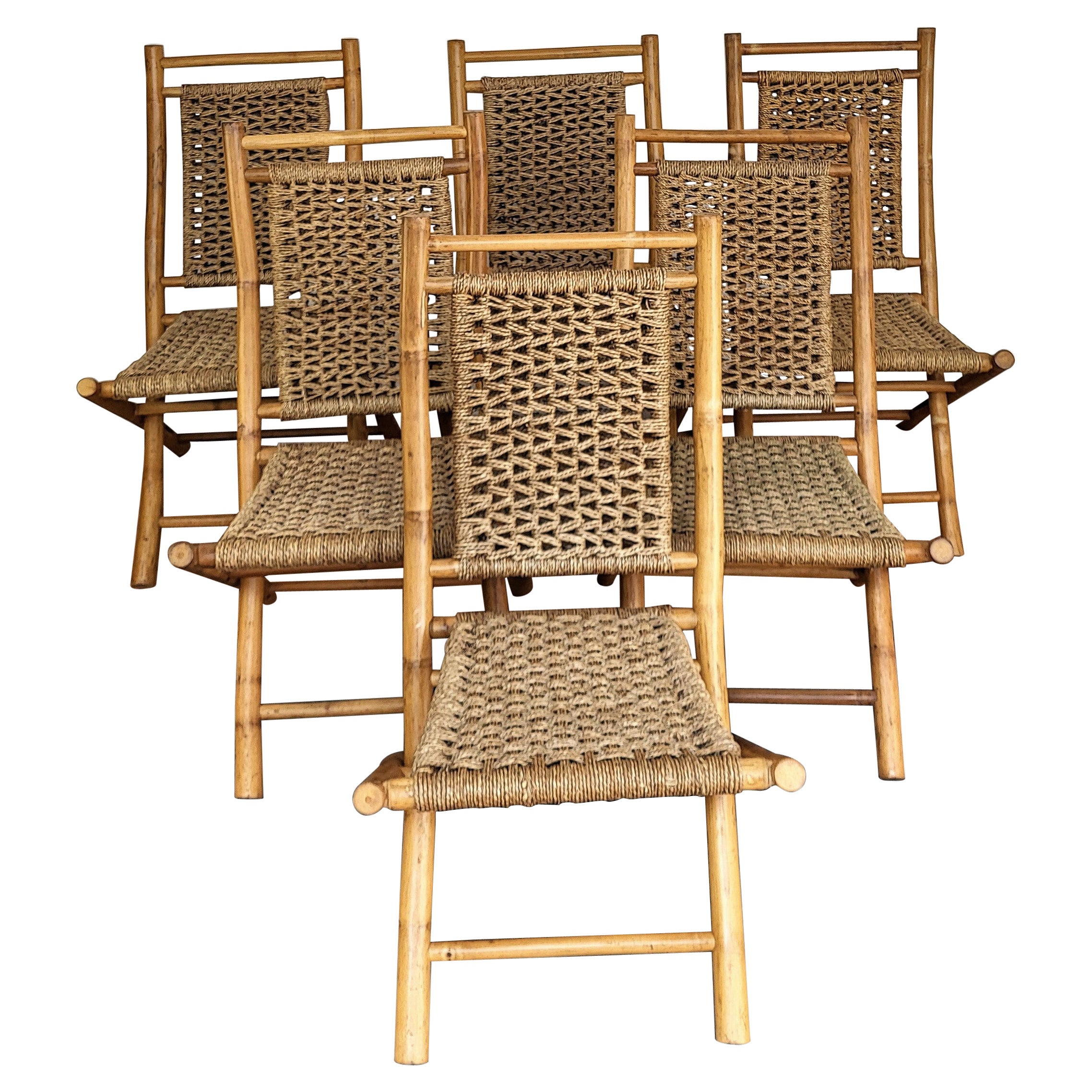 Set of 6 Italian 1960s Mid-Century Wood and Cord Woven Rope Folding Chairs