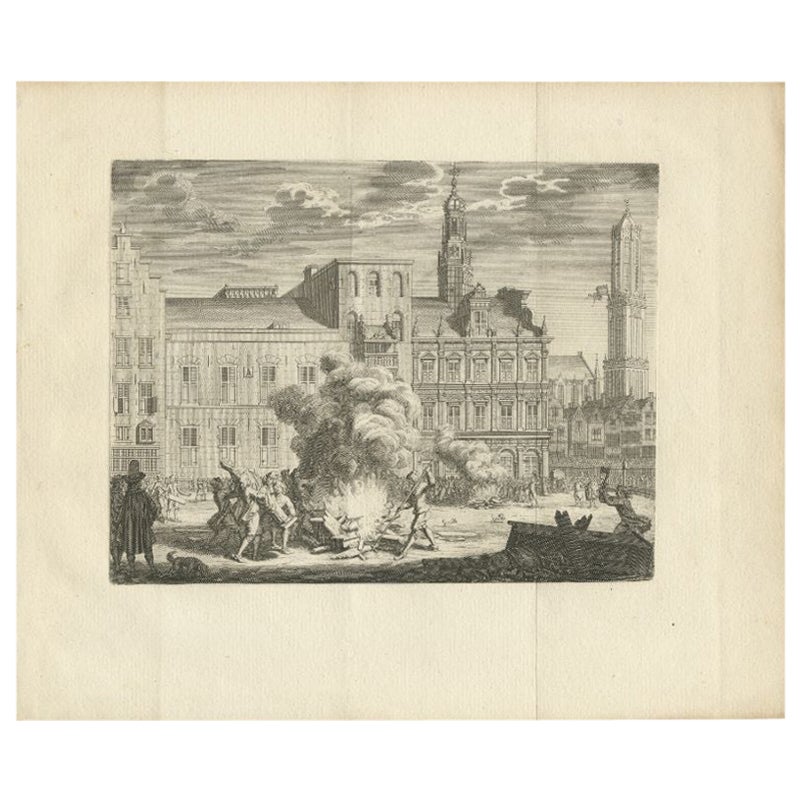 Antique Print of the Burning on the Stadhuisbrug in Utrecht, the Netherlands