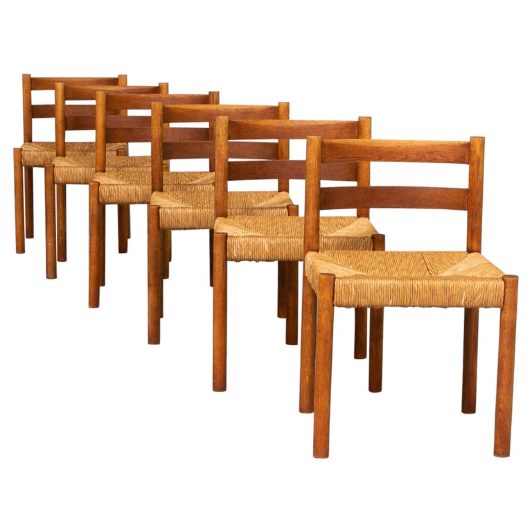 70s low back oak and wicker dining chair set/6 For Sale at 1stDibs