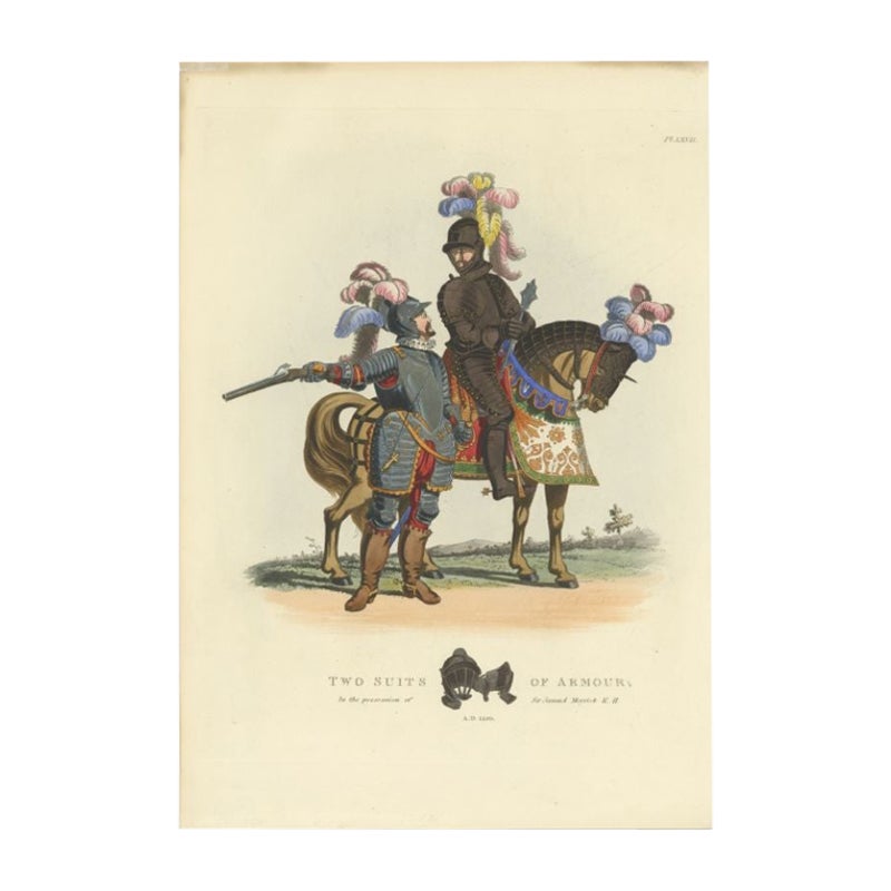 Impression ancienne de costumes d'armoiries sur un cheval, 1842