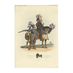 Grabado antiguo de Armadura sobre un caballo, 1842
