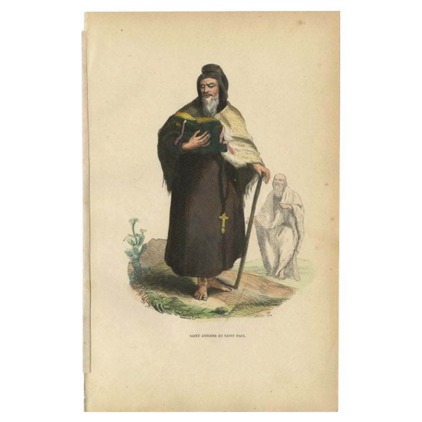 Antiker Druck des Heiligen Antonius und des Heiligen Paul, 1845