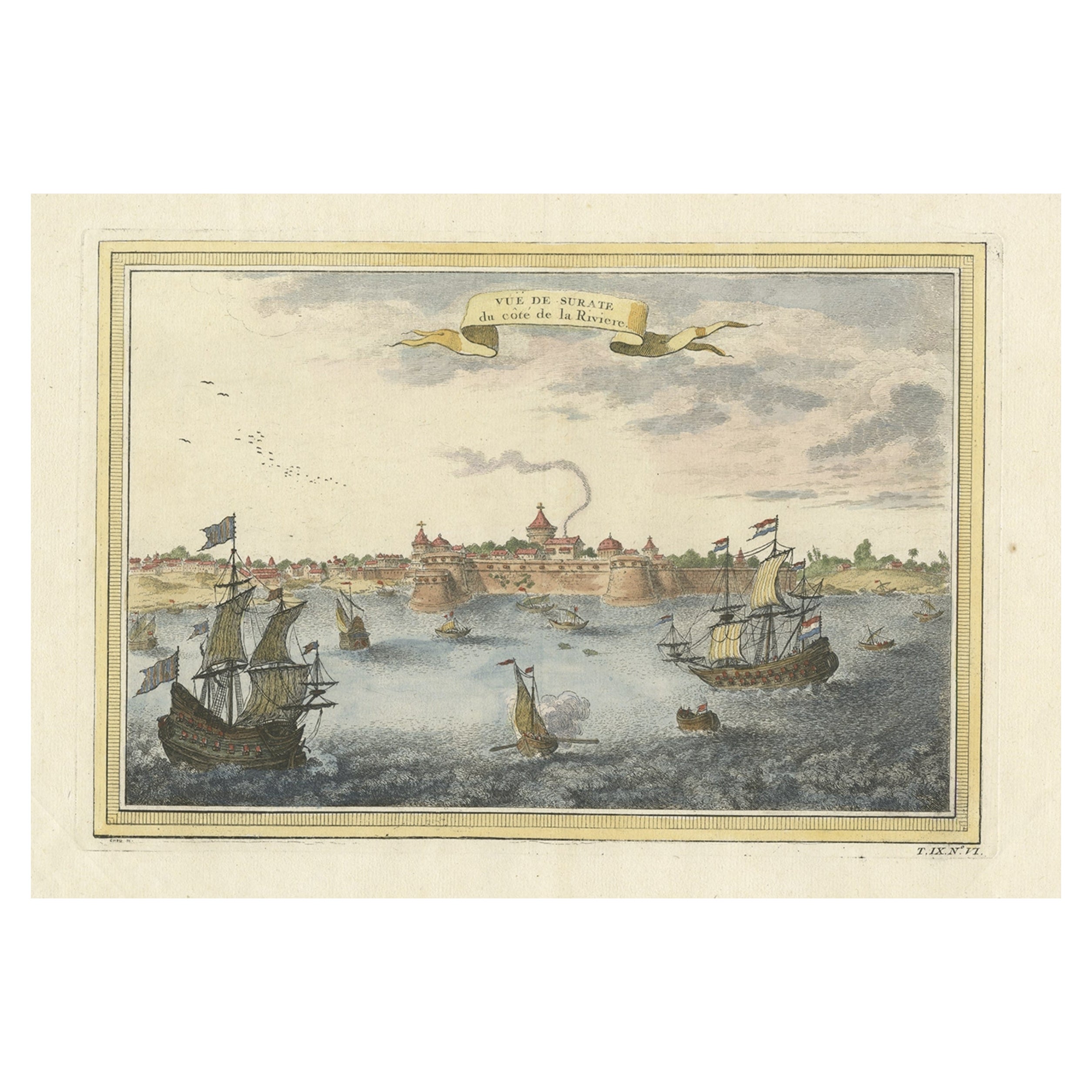 Nicely Colored Antique Print of Surat in India, 1751 For Sale