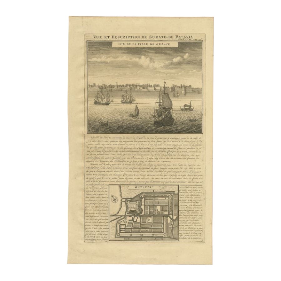 Antique Print of Surate and a Plan of Batavia in the Dutch East Indies, 1719 For Sale