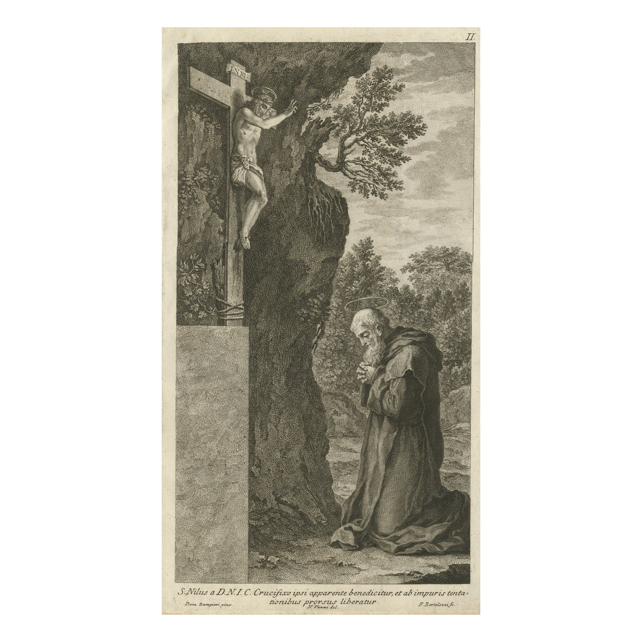 Impression ancienne de Saint Nilus agenouillé en prière, 1762