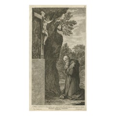 Antique Print of Saint Nilus Kneeling in Prayer, 1762