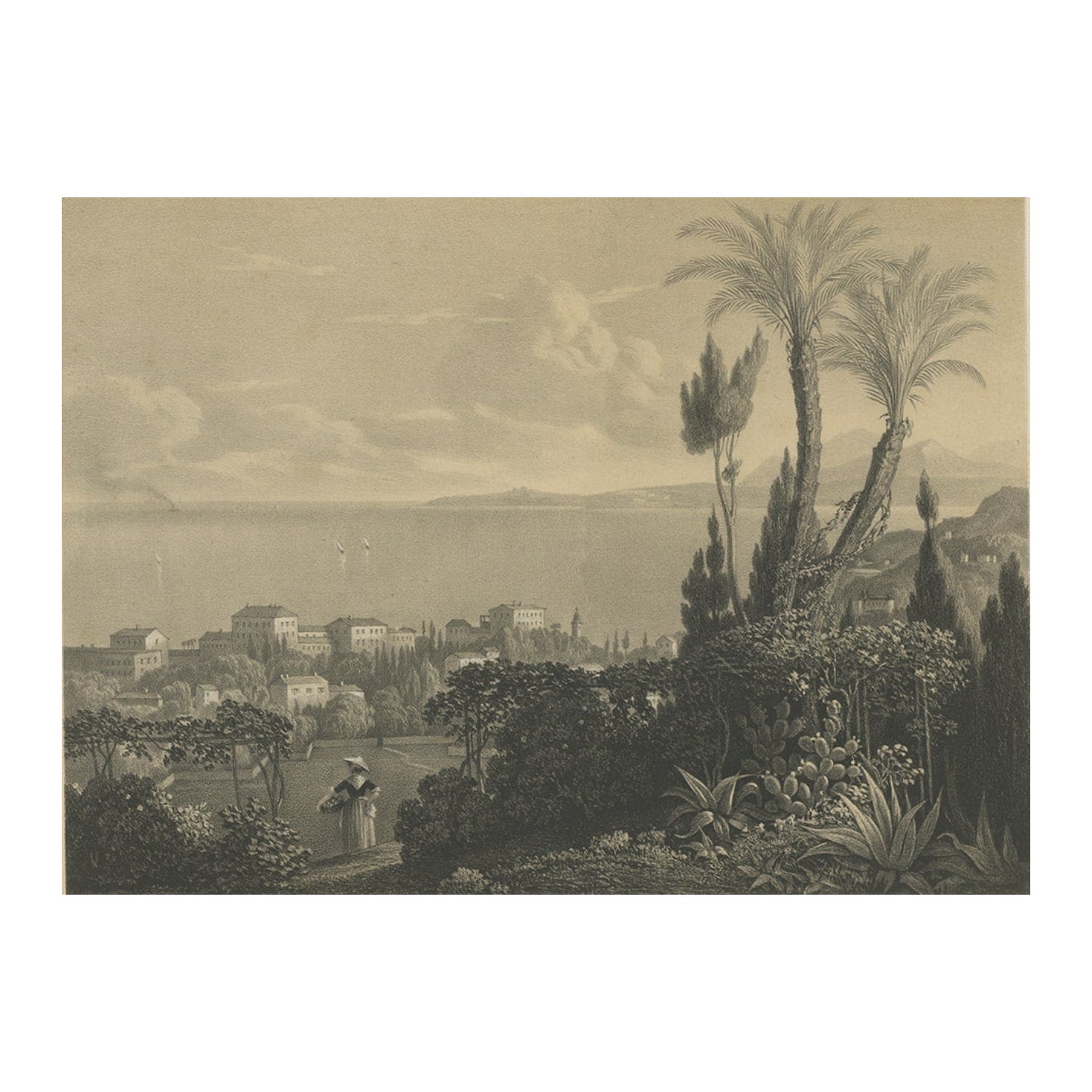 Impression ancienne de la ville de Nice en France, c.1840 en vente