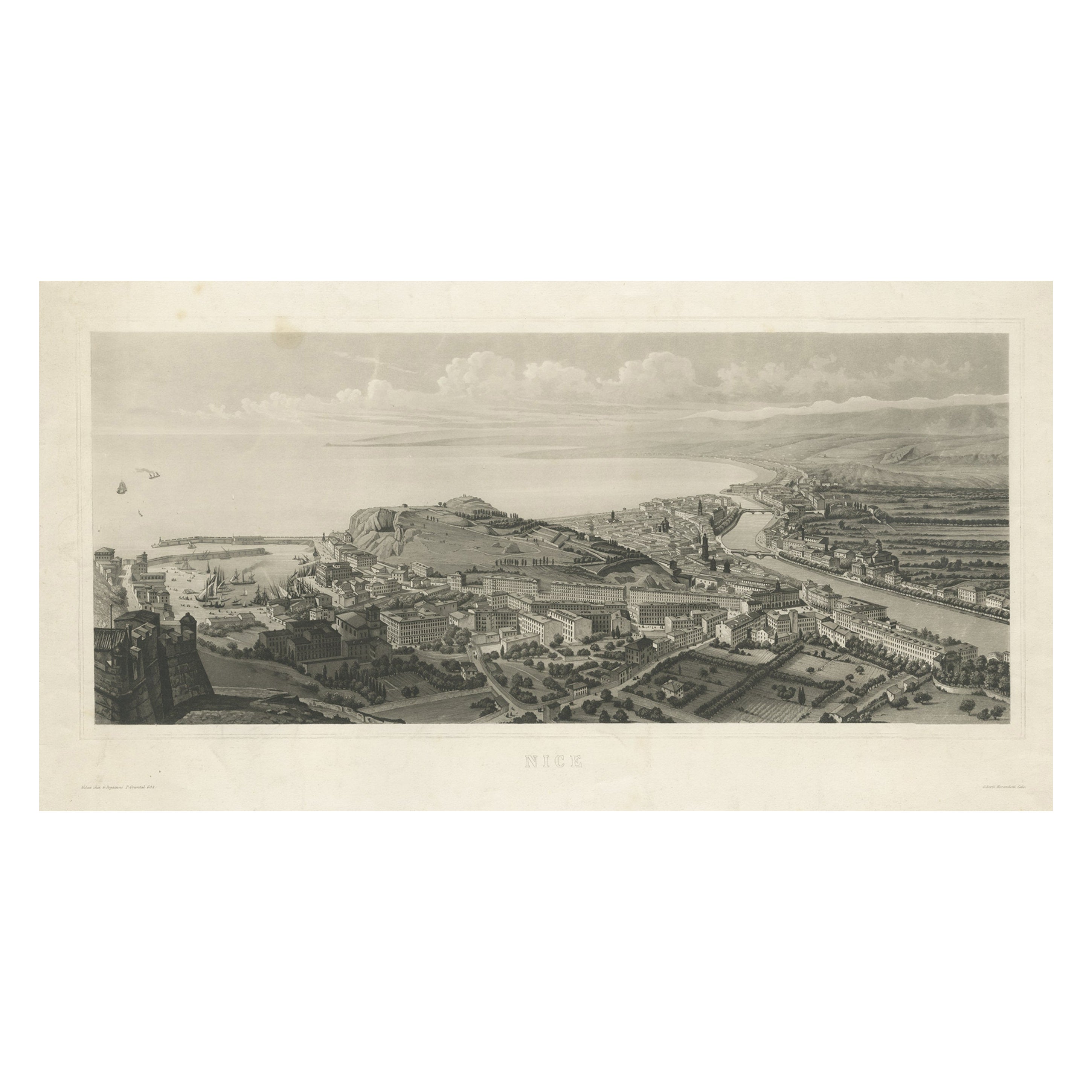 Beautiful Antique View of Nice in Southern France, c.1835 For Sale