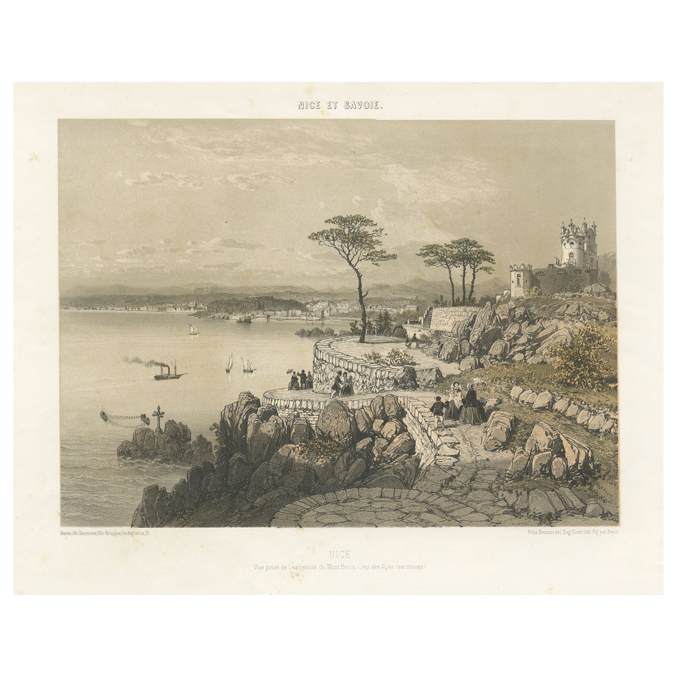 Decorative Antique Print of Nice Near Mont Boron in France, c.1865