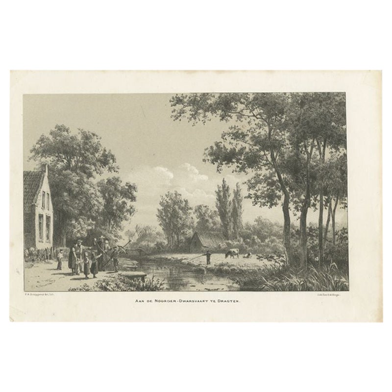 Antique Print of the Canal of Drachten, Frisian City in The Netherlands, 1888 For Sale