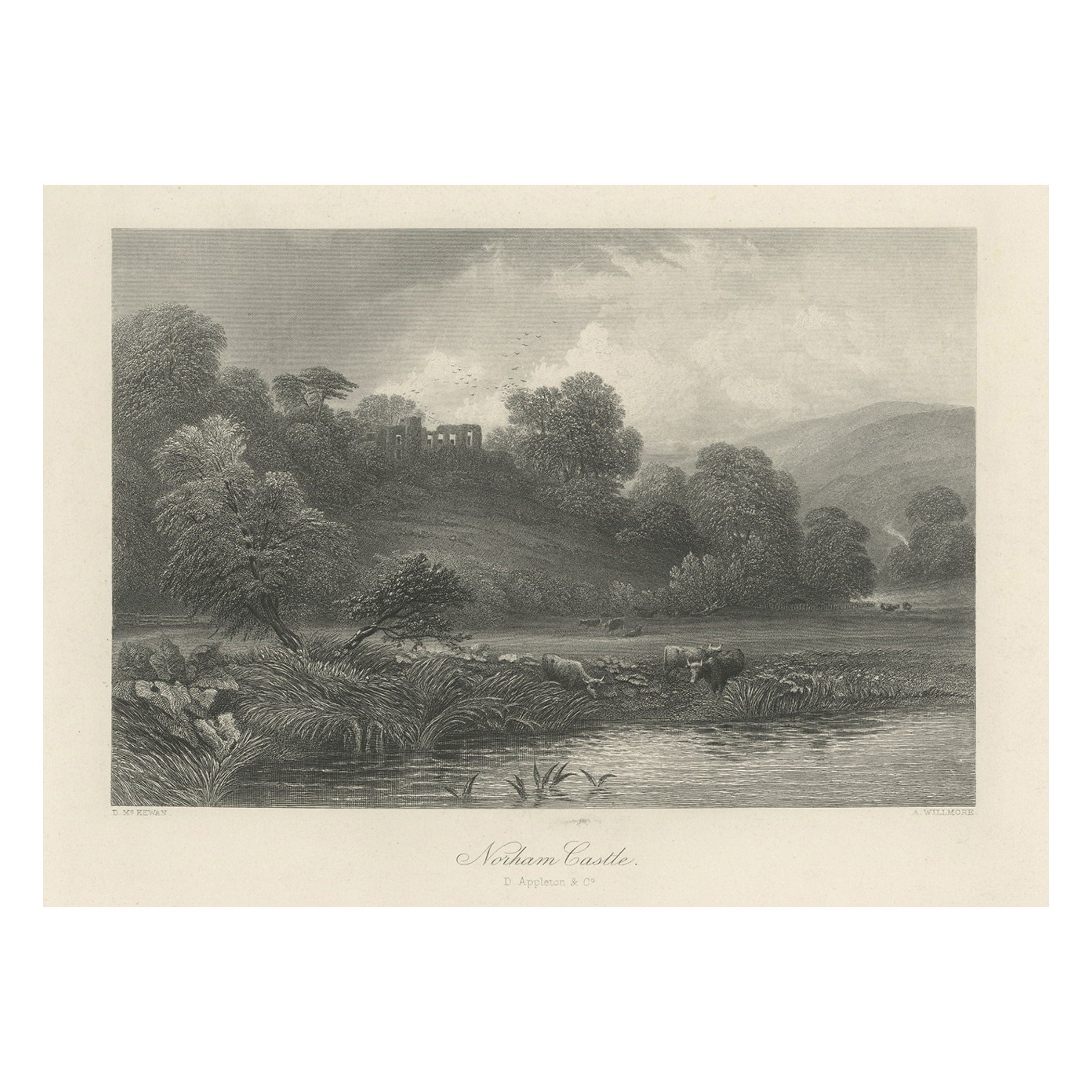 Antique Print of Norham Castle in Northumberland, England, near the River Tweed For Sale