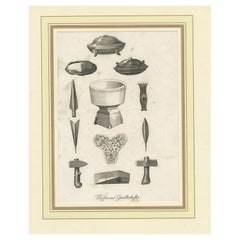 Impression ancienne de vaisselle et d'ustensiles suédois, vers 1880