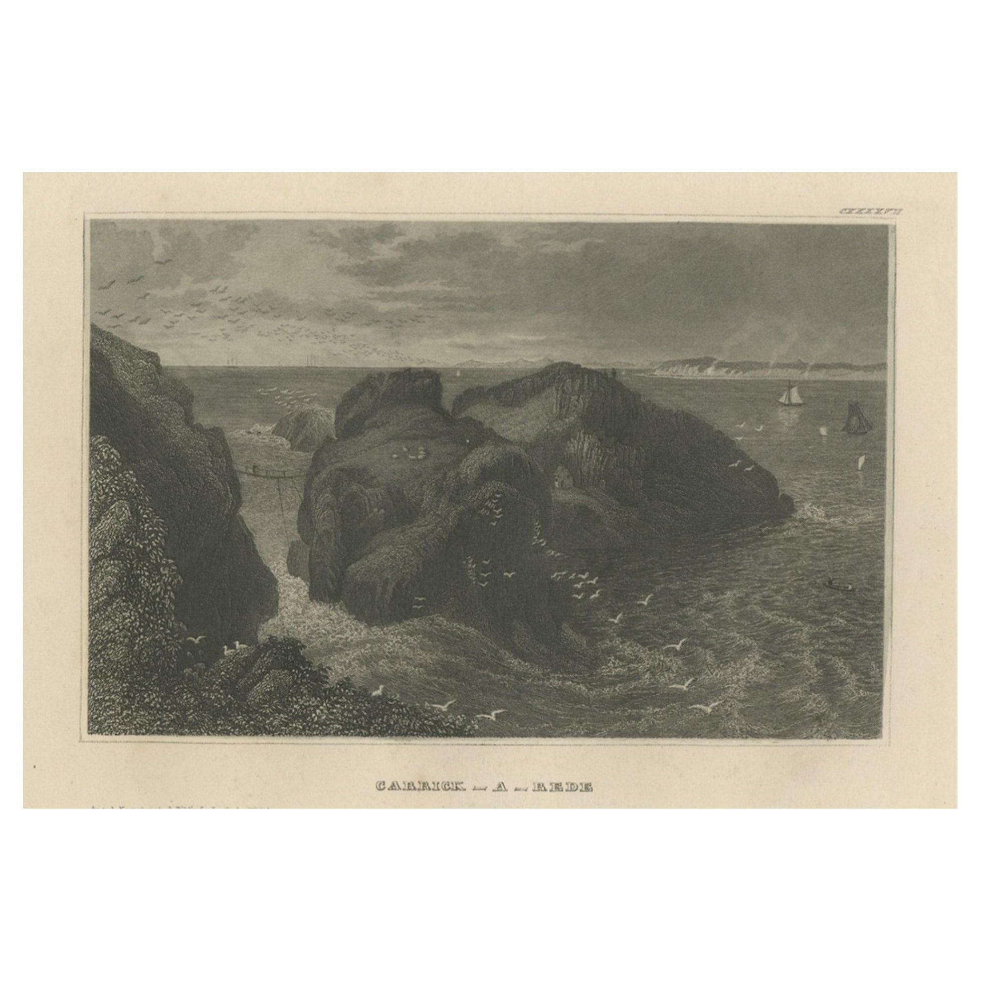 Antique Print of the Carrick-a-Rede Rope Bridge in Northern Ireland, 1836 For Sale