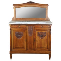 Antique French Victorian Carved Walnut Marble Top Buffet & Mirror Server Barback