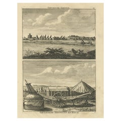 Antique Print of Tartar Tents, Wagon and a Tartar Church, 1714