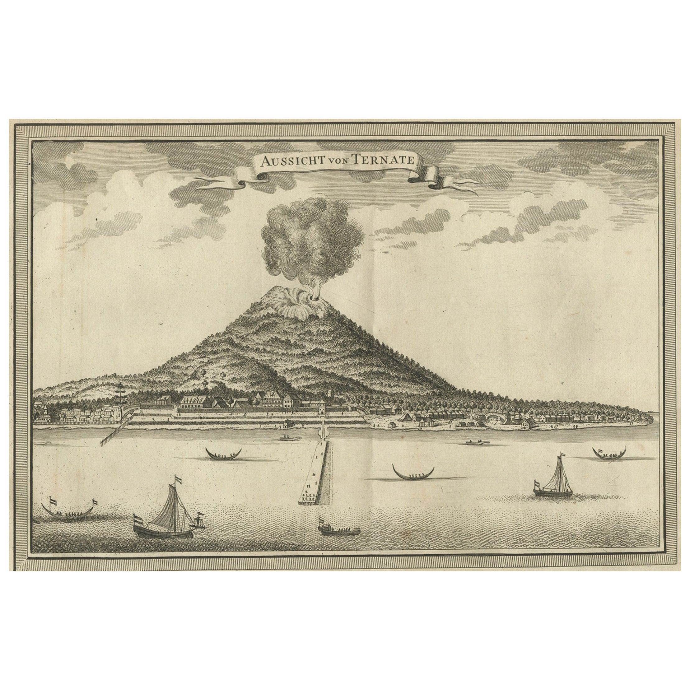 Impression ancienne d'un volcan à Ternate en Indonésie, 1751 en vente