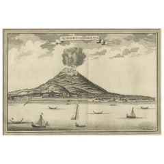 Antiker Druck eines Vulkans in Indonesien, Ternate, 1751