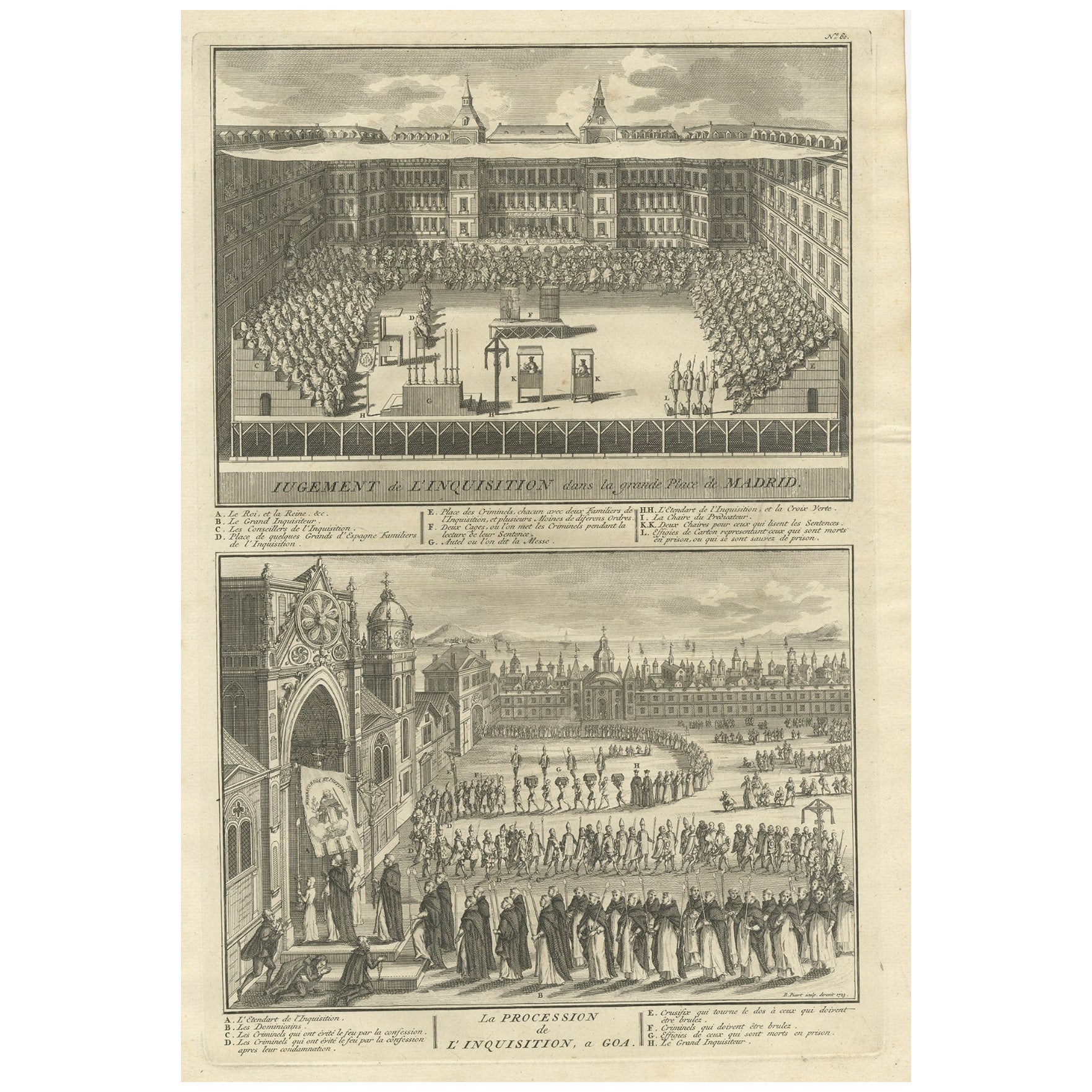 Antique Print of Spanish Inquisitions in Madrid and Goa by Picart, 1723 For Sale