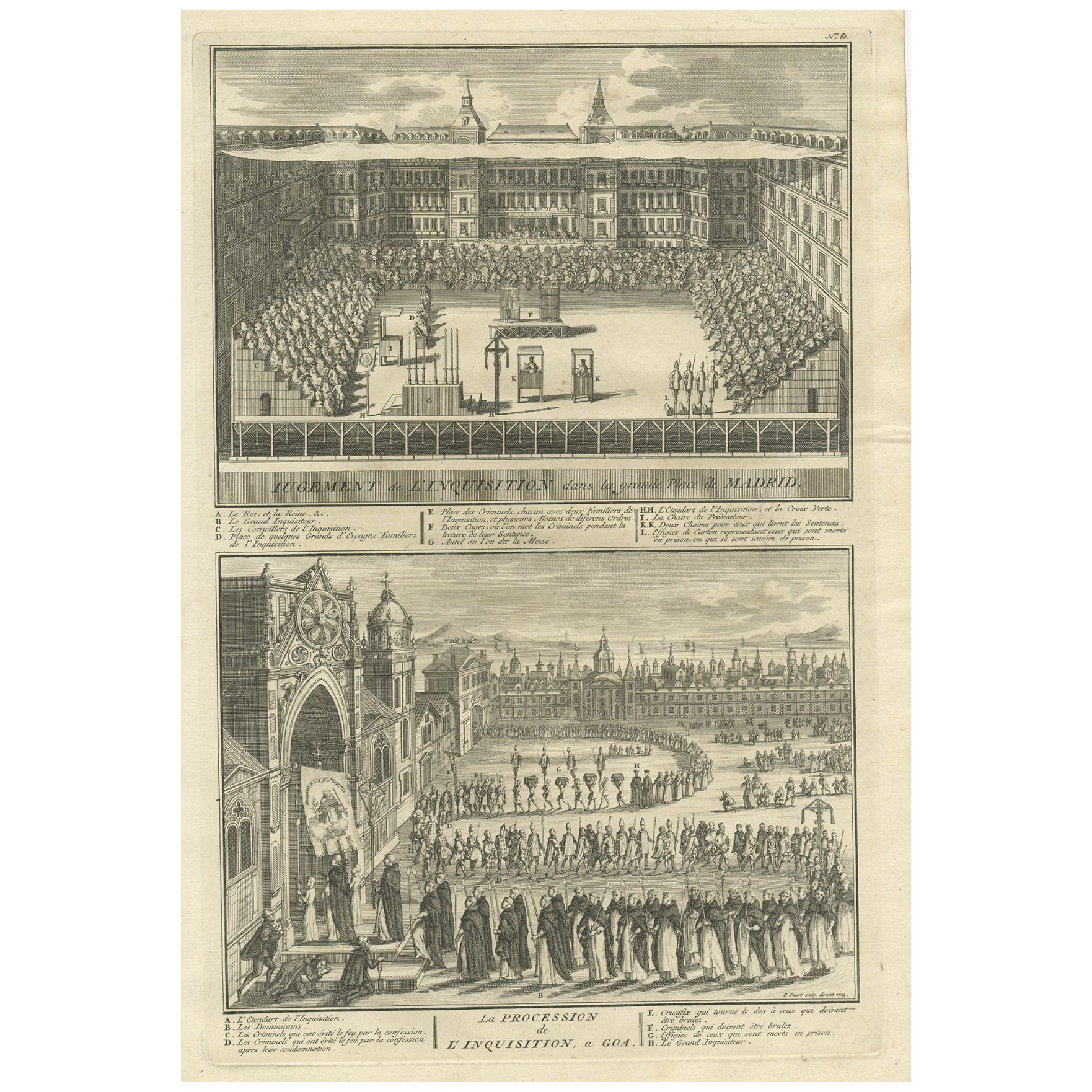 Grabado antiguo de Inquisiciones españolas en Madrid y Goa por Picart, 1723