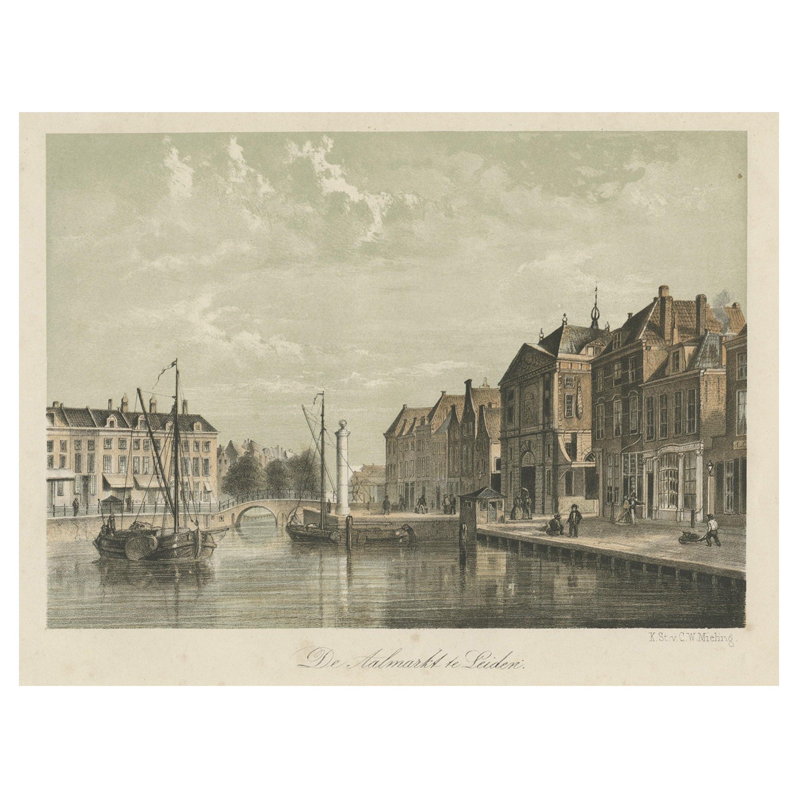 Old Print of the 'Aalmarkt' of Leiden, University City in the Netherlands, 1860 For Sale