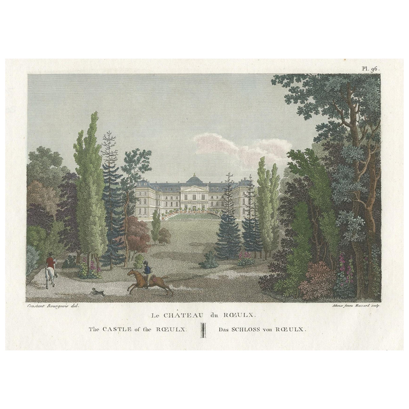 Impression du château de Roeulx dans la province d'Haïti, Wallonia, Belgique, 1808 en vente