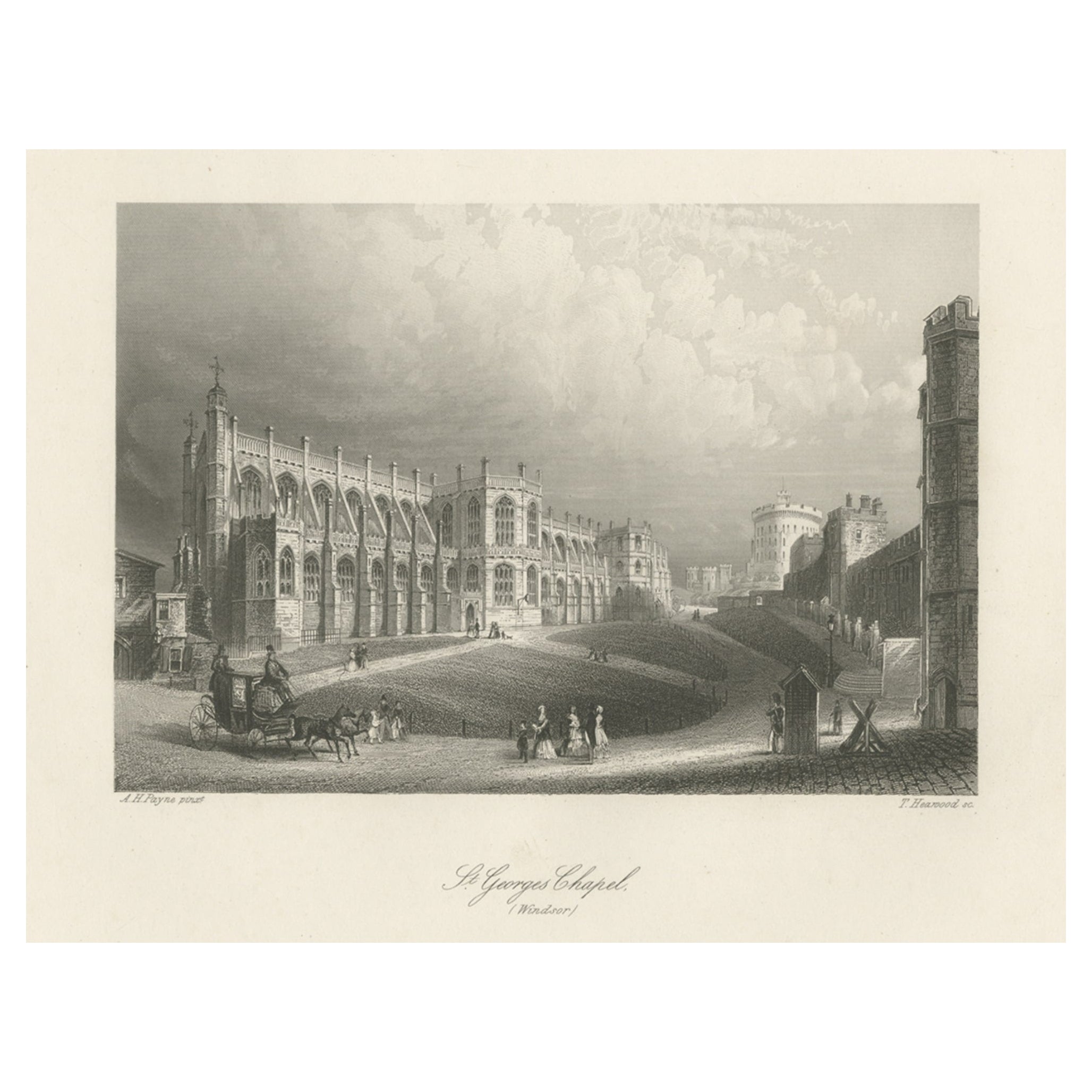 Grabado antiguo de la Capilla de San Jorge de Windsor, Inglaterra, c.1850