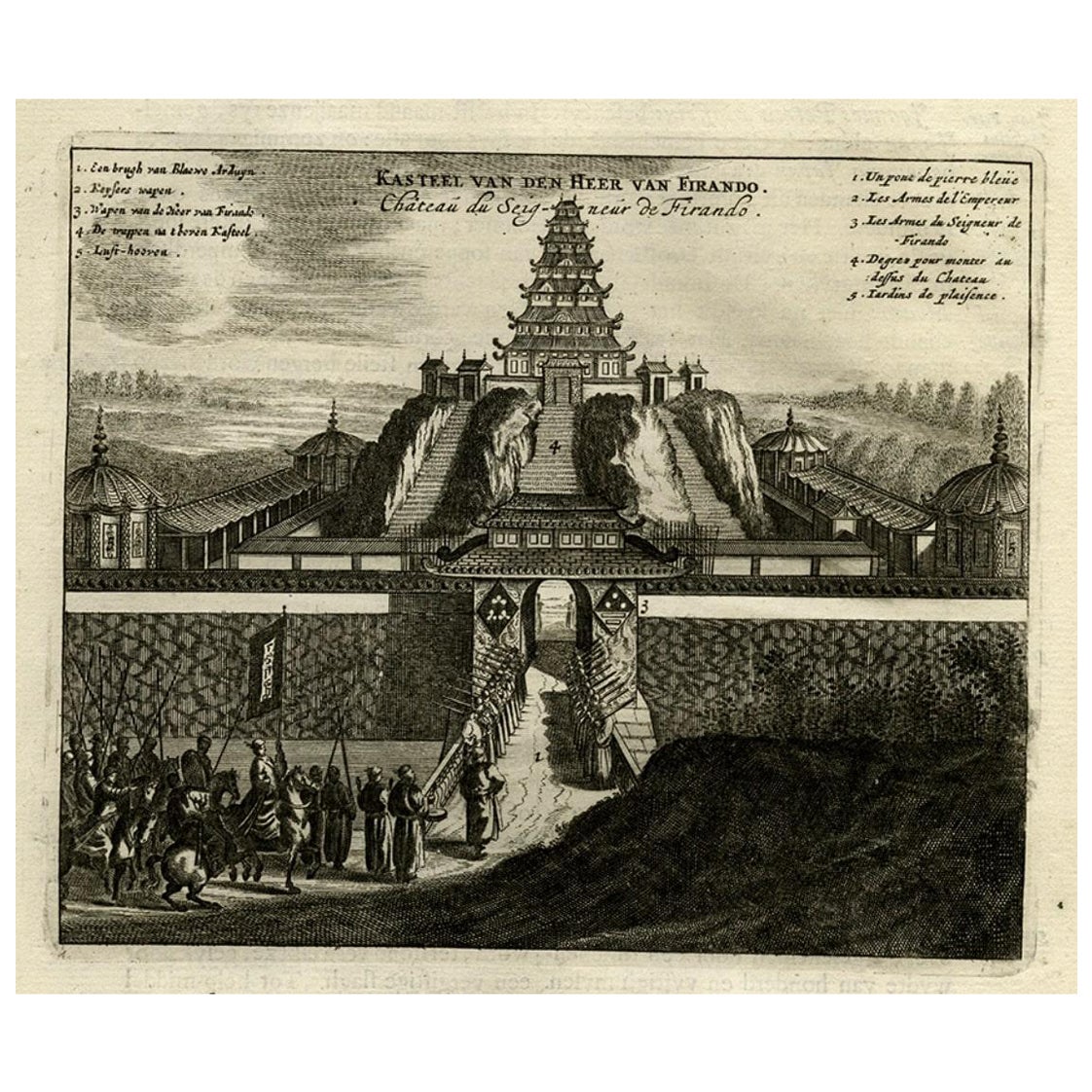 Impression ancienne du château du Shogun de Firando au Japon, 1669