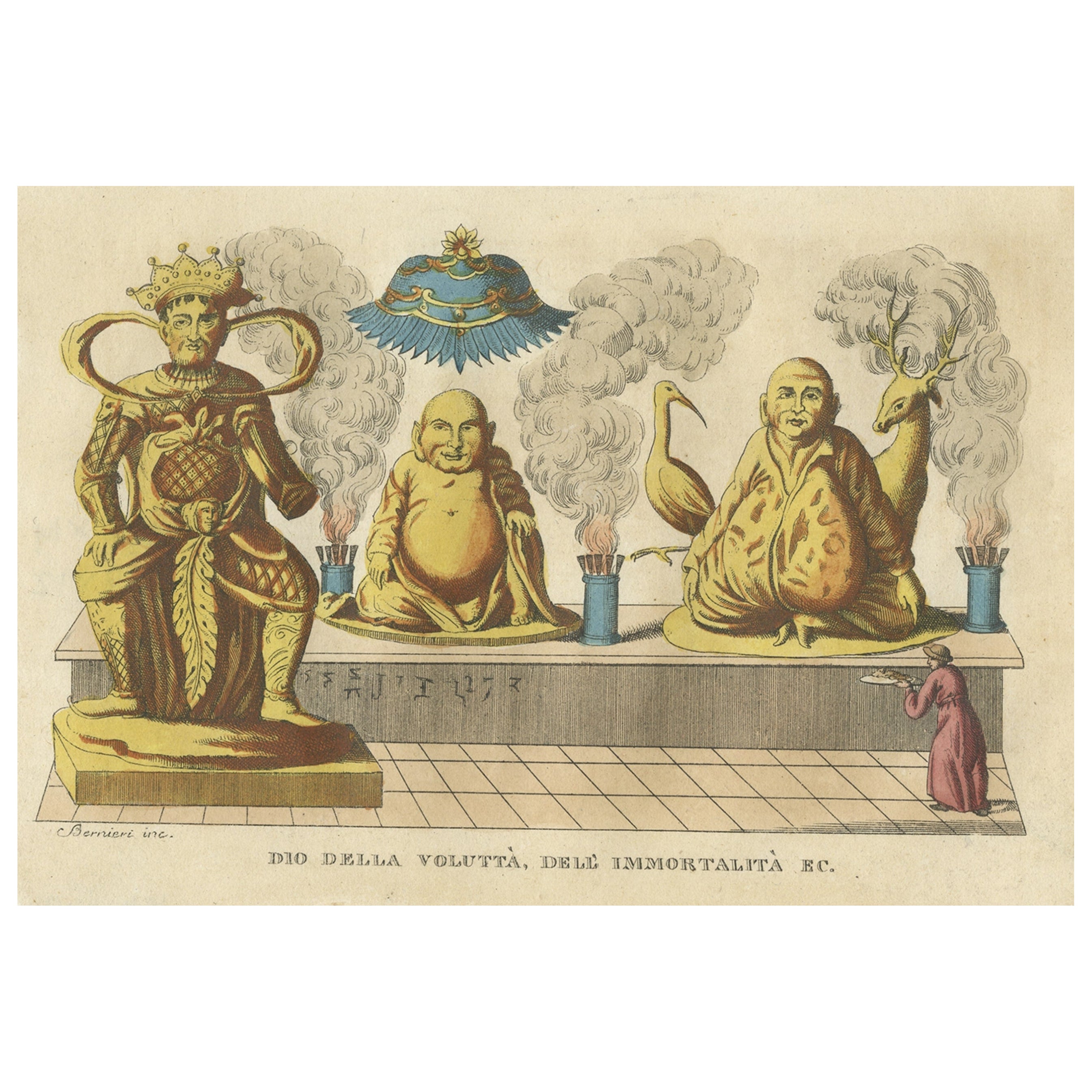 Antique Hand-Colored Print of Statues of Chinese Deities in China, 1823 For Sale